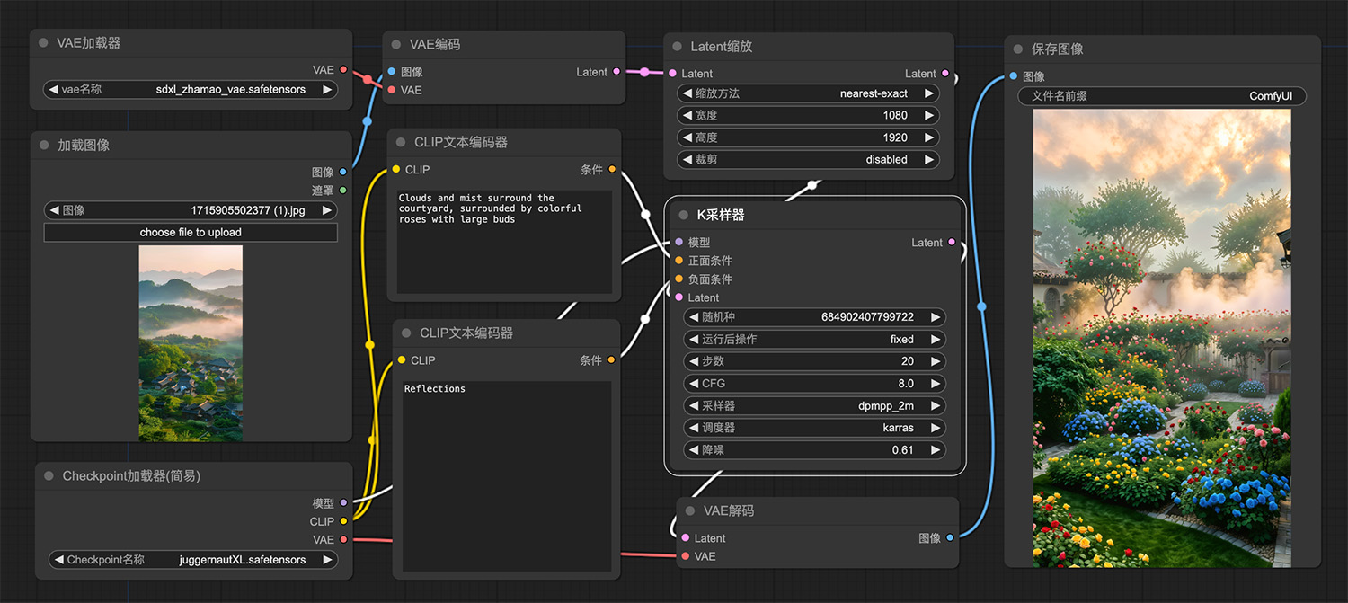 庭院，彩色玫瑰，云雾笼罩comfyui工作流