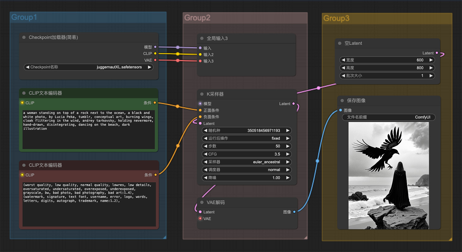 一个女人站在海边的岩石上，飞来一只鸟ComfyUI工作流