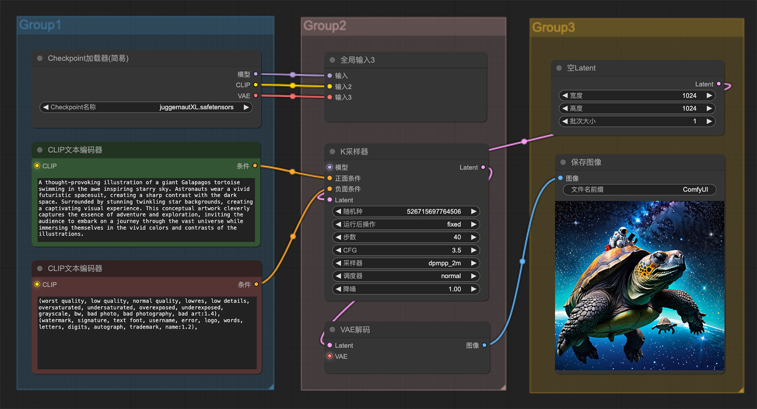 一位宇航员做在一只乌龟上在星空中游走ComfyUI工作流