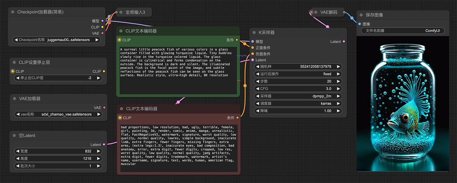 一条色彩斑斓的超现实小孔雀鱼ComfyUI工作流