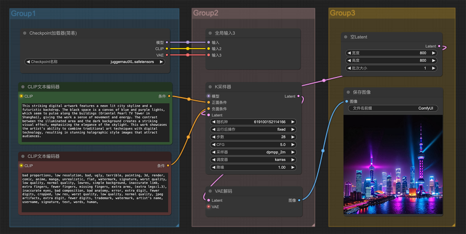一幅以霓虹灯照亮的城市天际线和未来主义画ComfyUI工作流