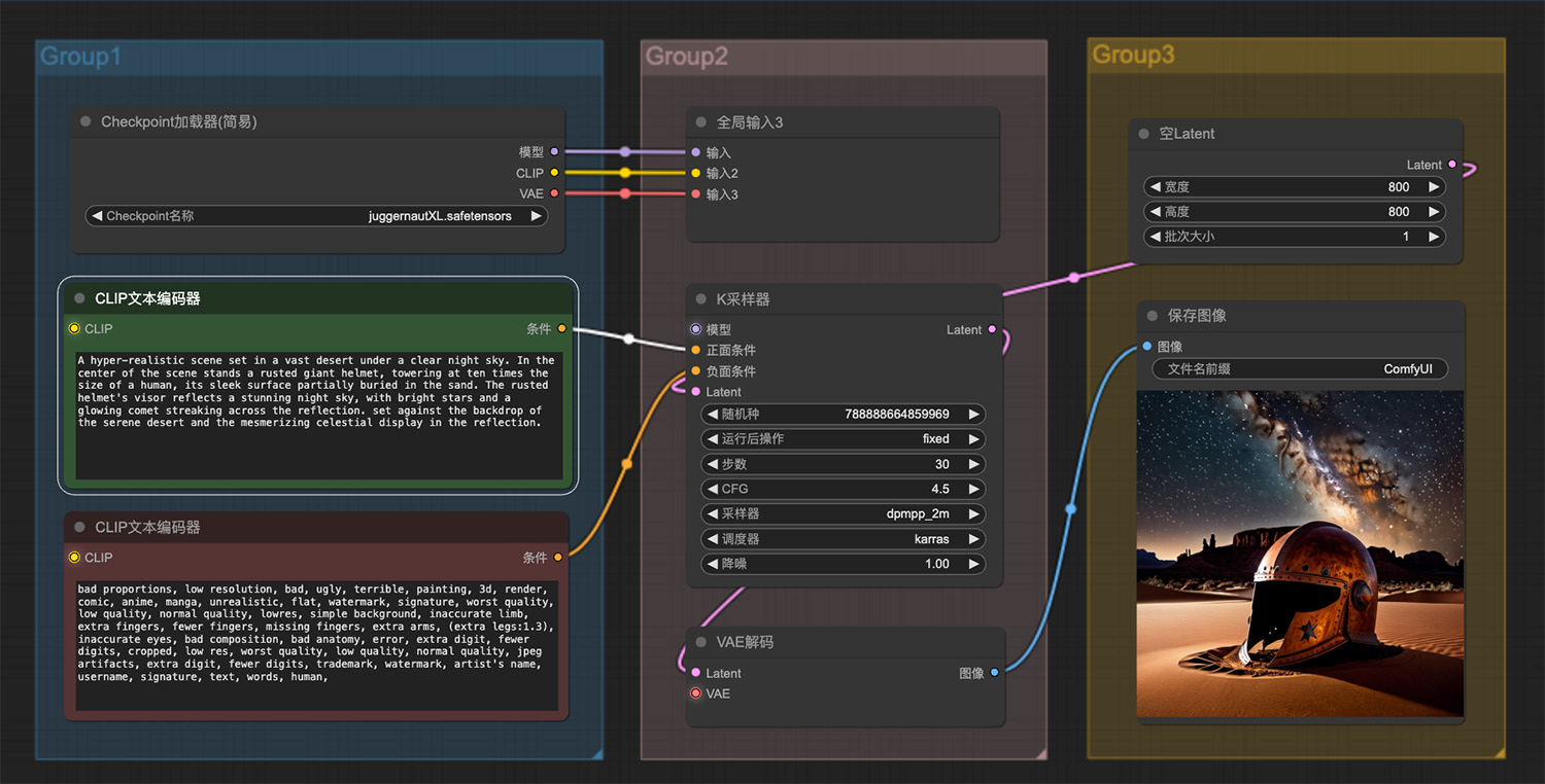 广阔的沙漠中矗立着一个生锈的巨大头盔ComfyUI工作流