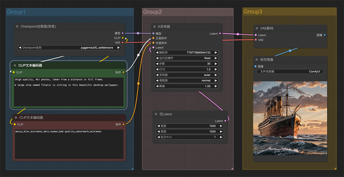 泰坦尼克号桌面壁纸上ComfyUI工作流