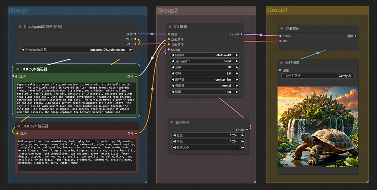 一只巨大的古代乌龟后面建有一座城市的超现实场景ComfyUI工作流