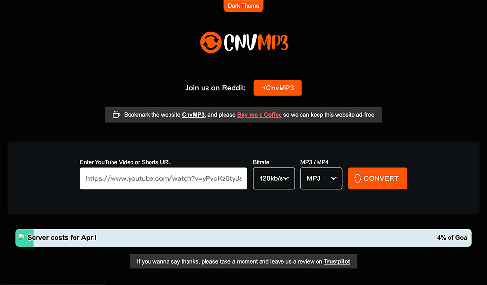 CnvMP3 — 无广告在线视频转MP3/MP4工具