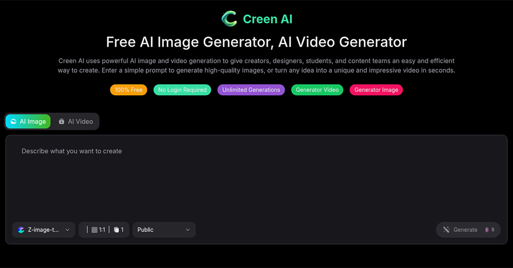 Creen AI官网：免费AI图像 & 视频生成平台