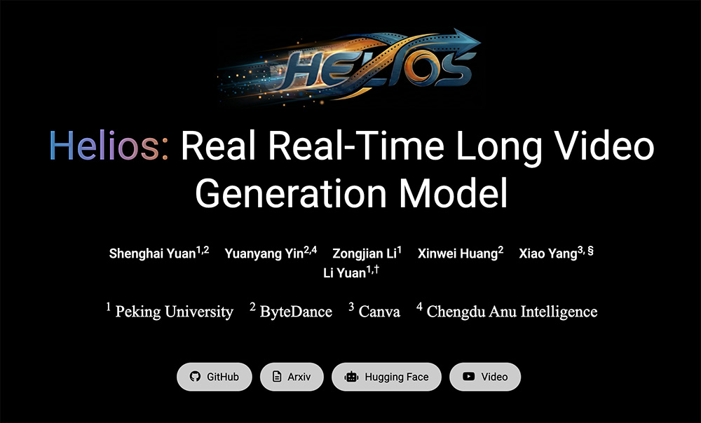 Helios视频生成模型入口，北大与字节等机构联合研发的14B参数实时长视频生成模型