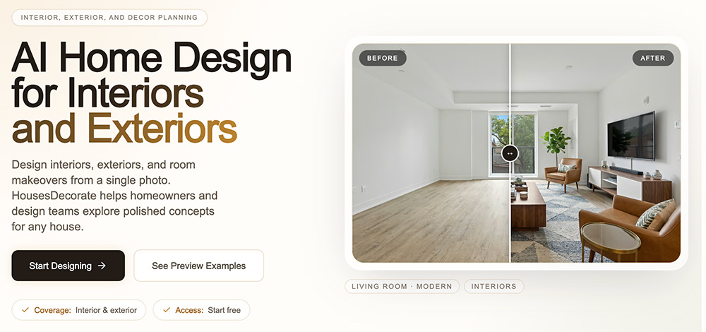 HousesDecorate官网：覆盖室内、室外设计及房屋改造装饰的AI家居设计平台