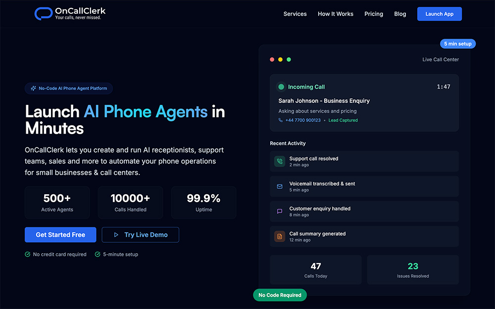 OnCallClerk官网：一款专为企业与呼叫中心打造的无代码AI电话代理平台