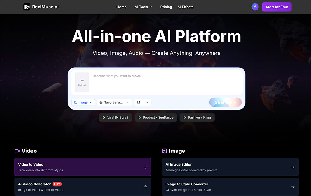 ReelMuse：可生成视频、图像和音频等一体化AI平台