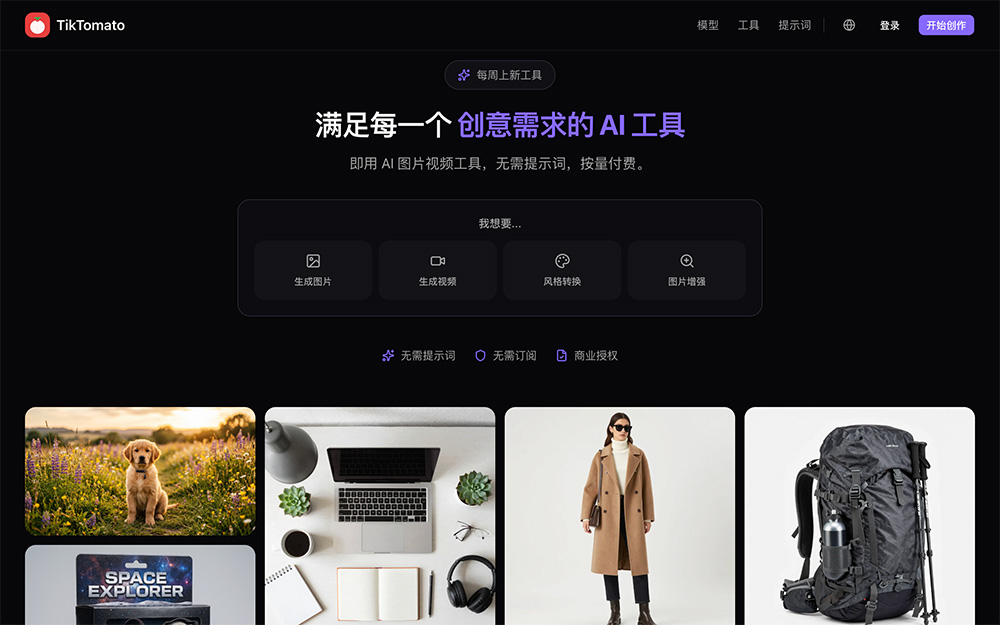 TikTomato官网：多模型AI图像&视频一站式创作平台