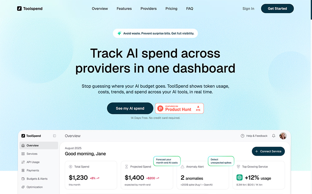 Toolspend官网:跨厂商AI支出统一跟踪与成本管理工具