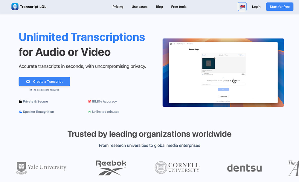 Transcript LOL:支持70+语言、最长10小时超大文件处理