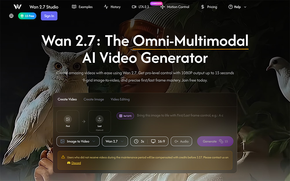 Wan 2.7 AI通用多模态AI视频生成平台，支持上传九宫格图像生成视频