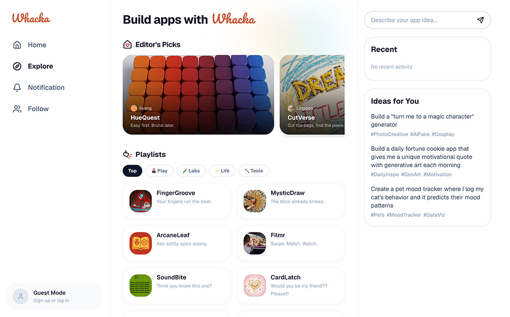 Whacka官网:移动端AI无代码应用生成工具